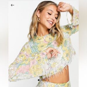 ASOS EDITION pastel floral print and sequin long sleeve top with beaded fringe